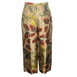 Silk Club Collection Gold Tropical Leaf Print Cropped Wide Leg Silk Pants Size 6